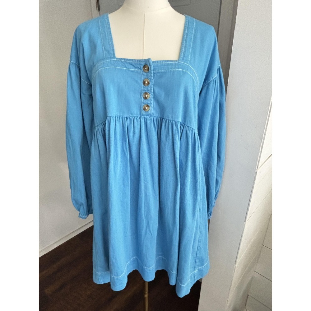 By Anthropologie Dress Womens Small Blue Square Neck Long Sleeve Swing Pockets